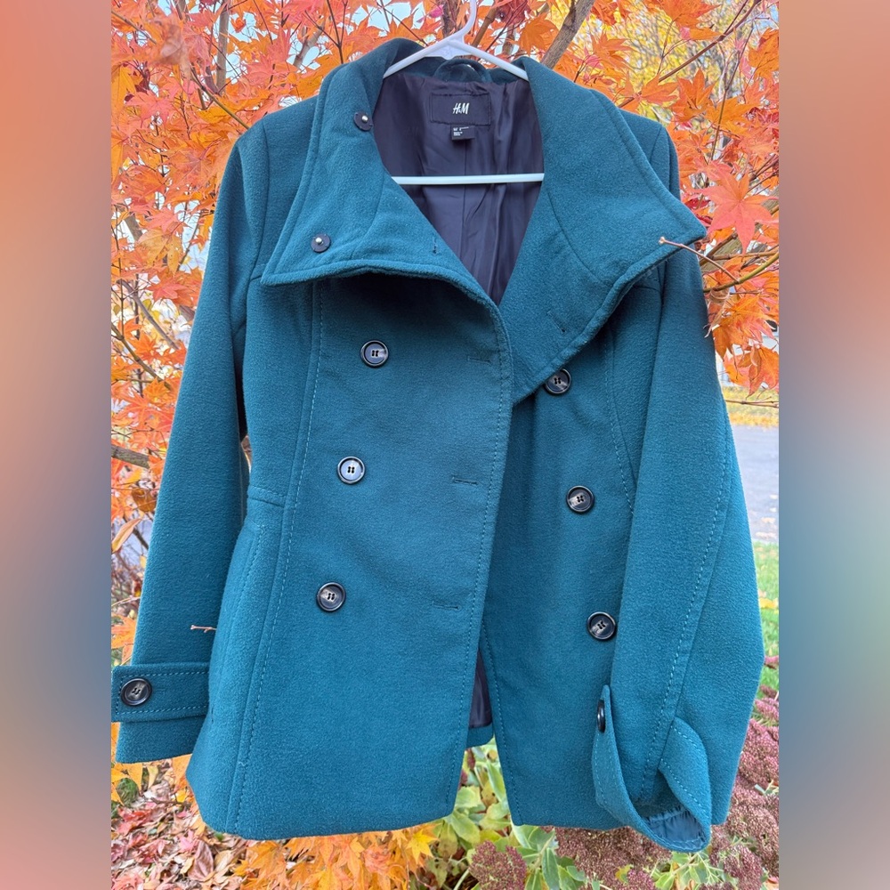 H&M Teal Double-Breasted Peacoat - Size 8 (Preloved)